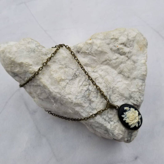 Black Flower Rose Cameo Pendant Necklace