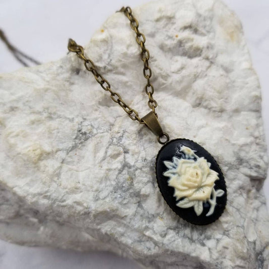 Black Flower Rose Cameo Pendant Necklace