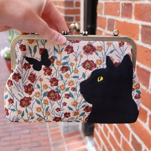 Black Cat Floral Kisslock Bag